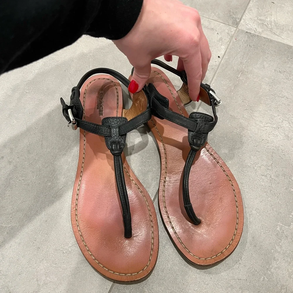 Coach Black Leather Thong Sandals with Brown Footbed